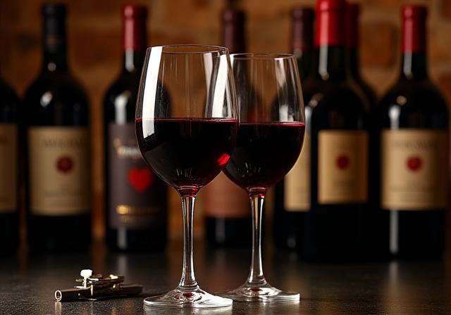 Due calici di vino rosso con una selezione di bottiglie di vino siciliano sullo sfondo