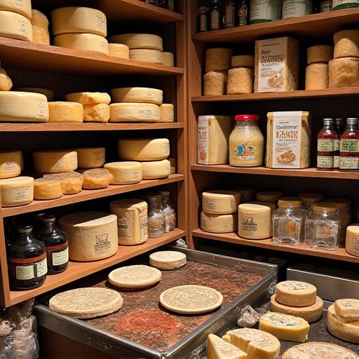 Scaffali con formaggi stagionati e prodotti tipici nella bottega della Cantina del Faro