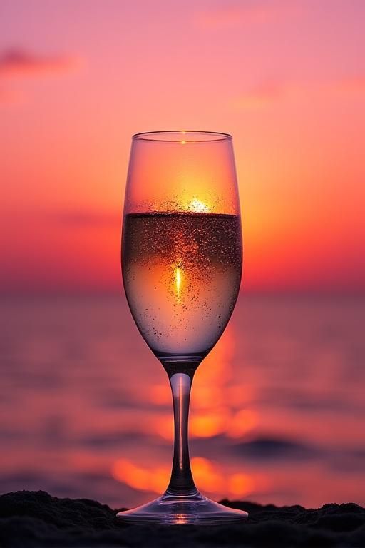 Un calice di vino bianco scintillante contro il cielo rosato del tramonto sul mare