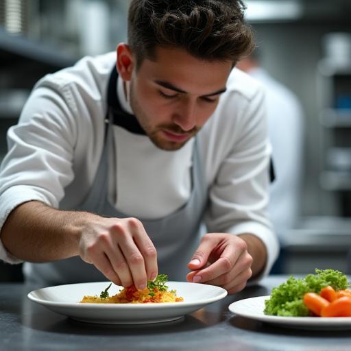 Lo chef mentre impiattata con precisione in cucina, concentrato sul suo lavoro