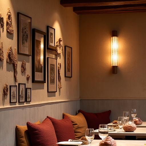 Un dettaglio dell'arredamento rustico del ristorante con elementi in legno e ceramica