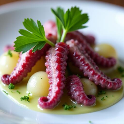 Dettaglio di un piatto di polpo con patate e prezzemolo, impiattato con cura