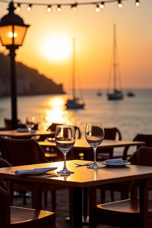 Tavoli all'aperto con vista panoramica sul porto di Lampedusa al tramonto