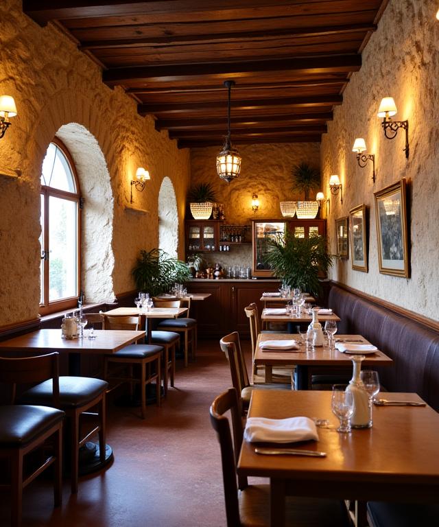 Interno rustico e accogliente della Cantina del Faro con pareti in pietra e tavoli in legno