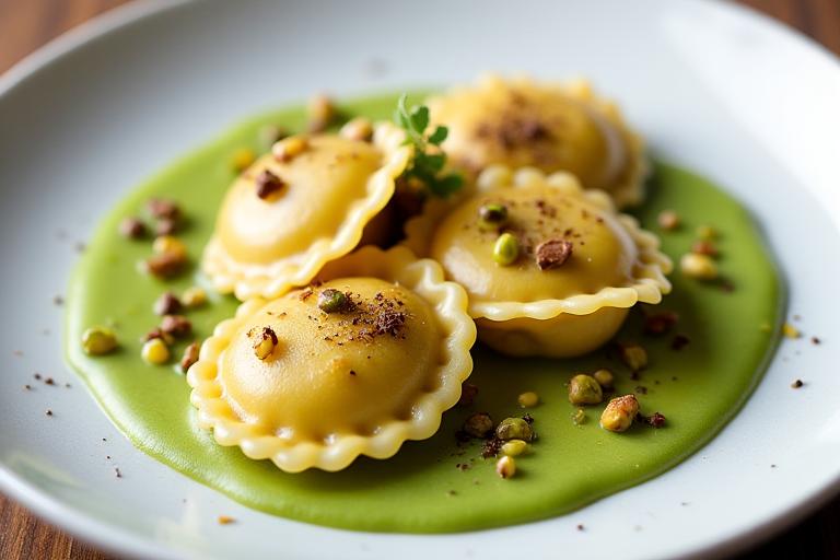 Piatto di ravioli ripieni di pesce su una salsa verde al pistacchio