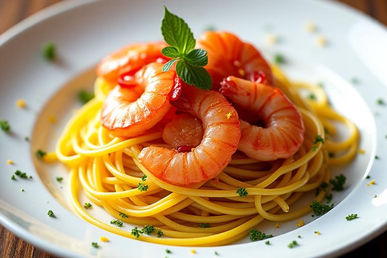 Piatto gourmet di spaghetti con gamberi rossi crudi e zest di limone