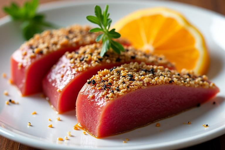 Trancio di filetto di tonno scottato con crosta di sesamo e guarnizione di agrumi