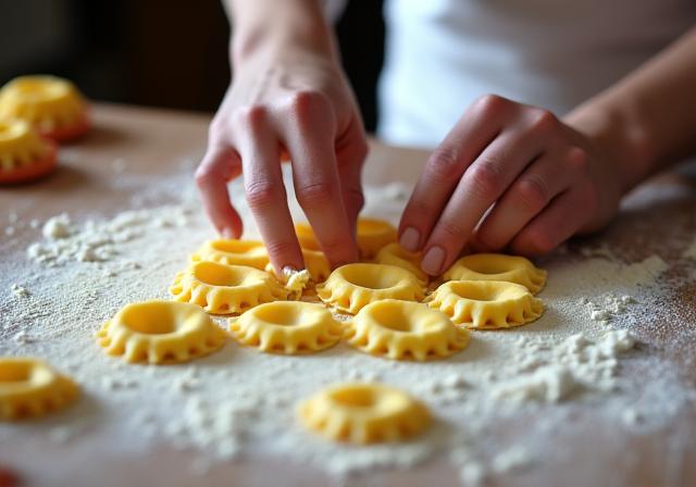 Le mani di uno chef che preparano ravioli freschi su un tavolo di legno infarinato